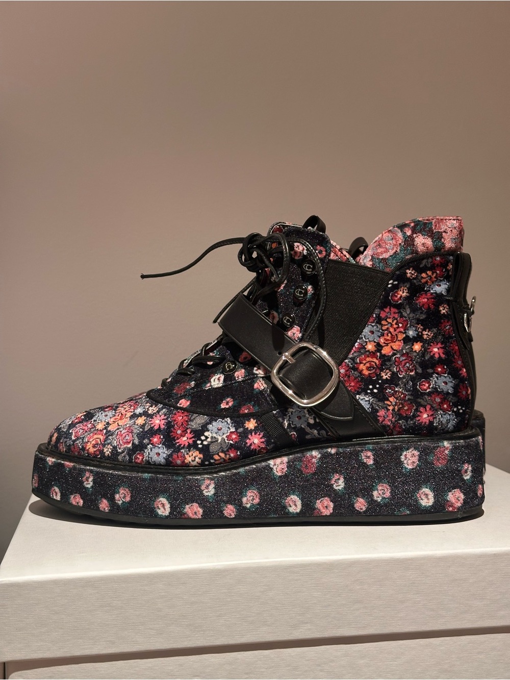 Tabitha Simmons Black Floral Platform Lace-Up Hiking Boots